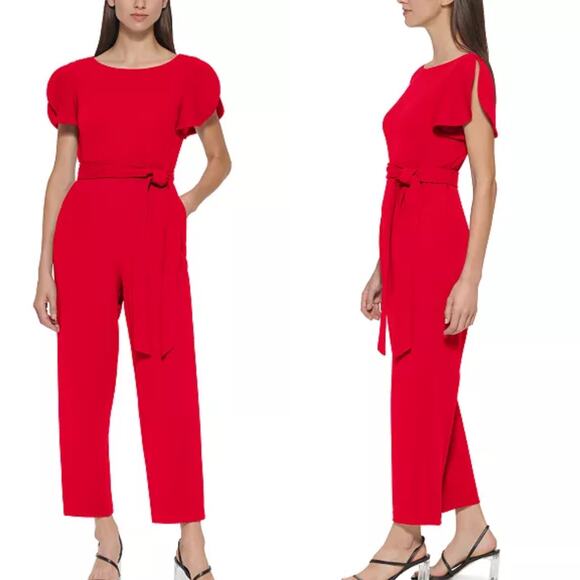 Calvin Klein Red Tulip-Sleeve Cropped Jumpsuit - Picture 1 of 9